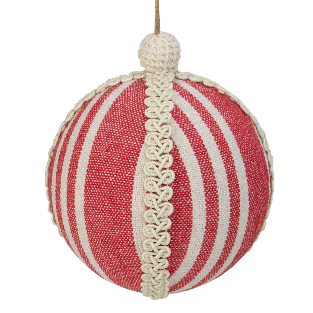 4.75" Red And White Striped Ball Christmas Ornament With Rope Accent 3 4.75" Red And White Striped Ball Christmas Ornament With Rope Accent