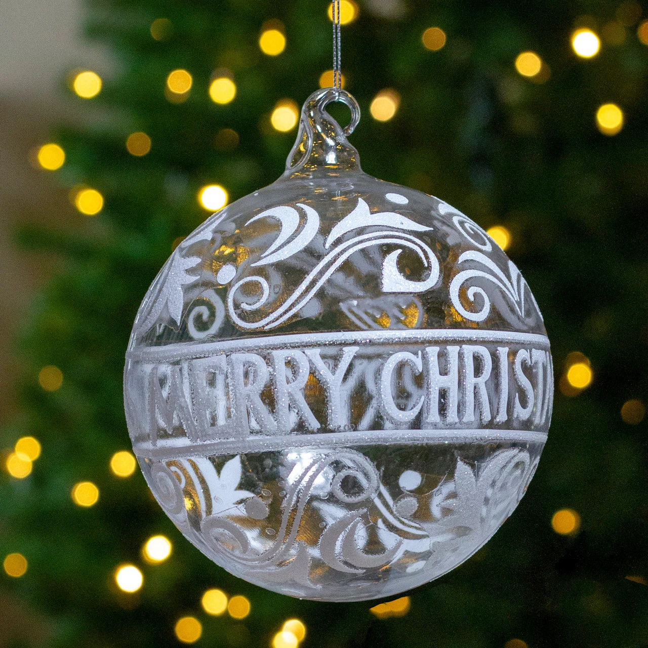 Clear And White Glass Merry Christmas Ball Ornament 6" (150mm) 4 Clear And White Glass Merry Christmas Ball Ornament 6" (150mm) - Image 2