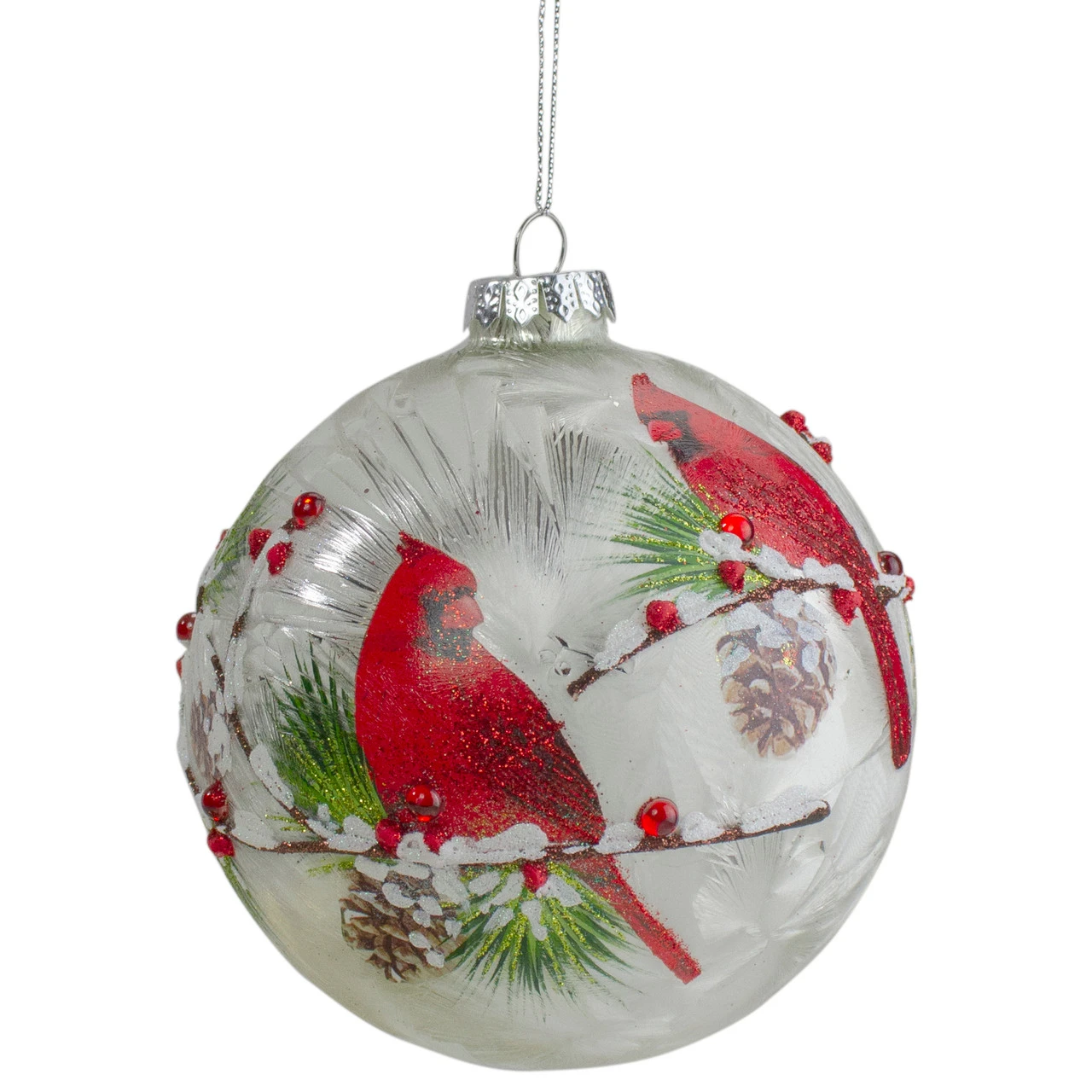4.5" Red Cardinals And Pine Cones Glass Christmas Ornament 4 4.5" Red Cardinals And Pine Cones Glass Christmas Ornament - Image 2