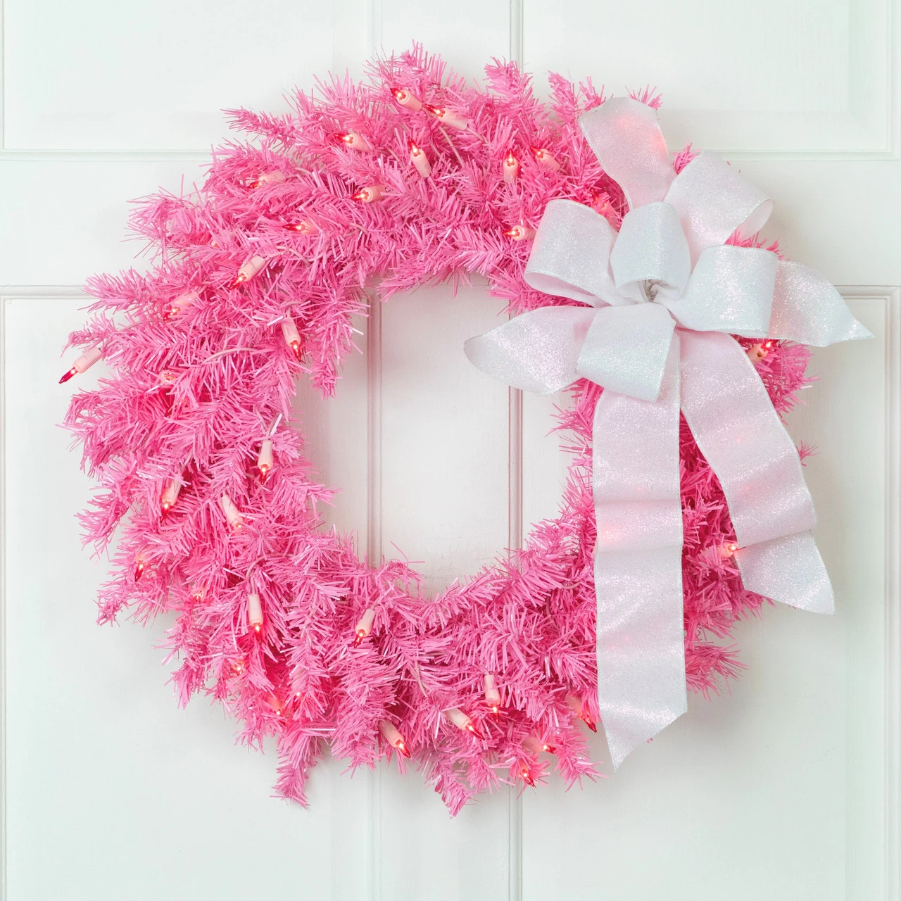 24" Pre-Lit Pink Spruce Artificial Christmas Wreath, Pink Lights 3 24" Pre-Lit Pink Spruce Artificial Christmas Wreath, Pink Lights