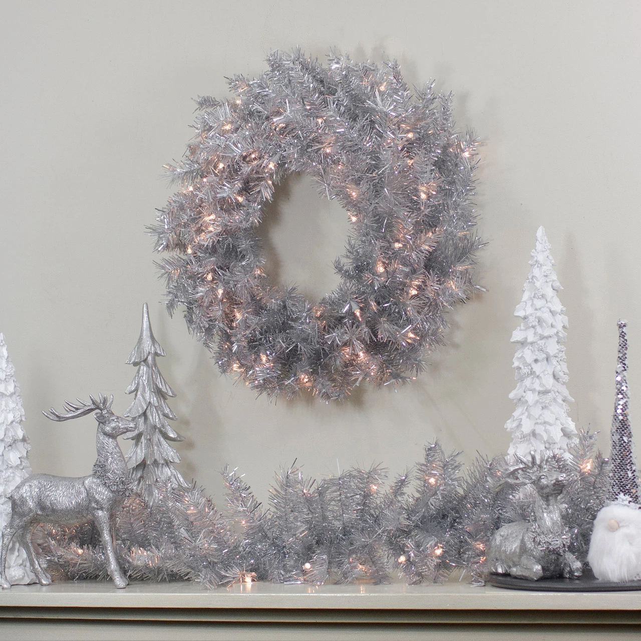 24" Silver Tinsel Artificial Christmas Wreath, Clear Lights 4 24" Silver Tinsel Artificial Christmas Wreath, Clear Lights - Image 2