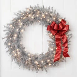 36" Pre-Lit Silver Tinsel Artificial Christmas Wreath, Clear Lights