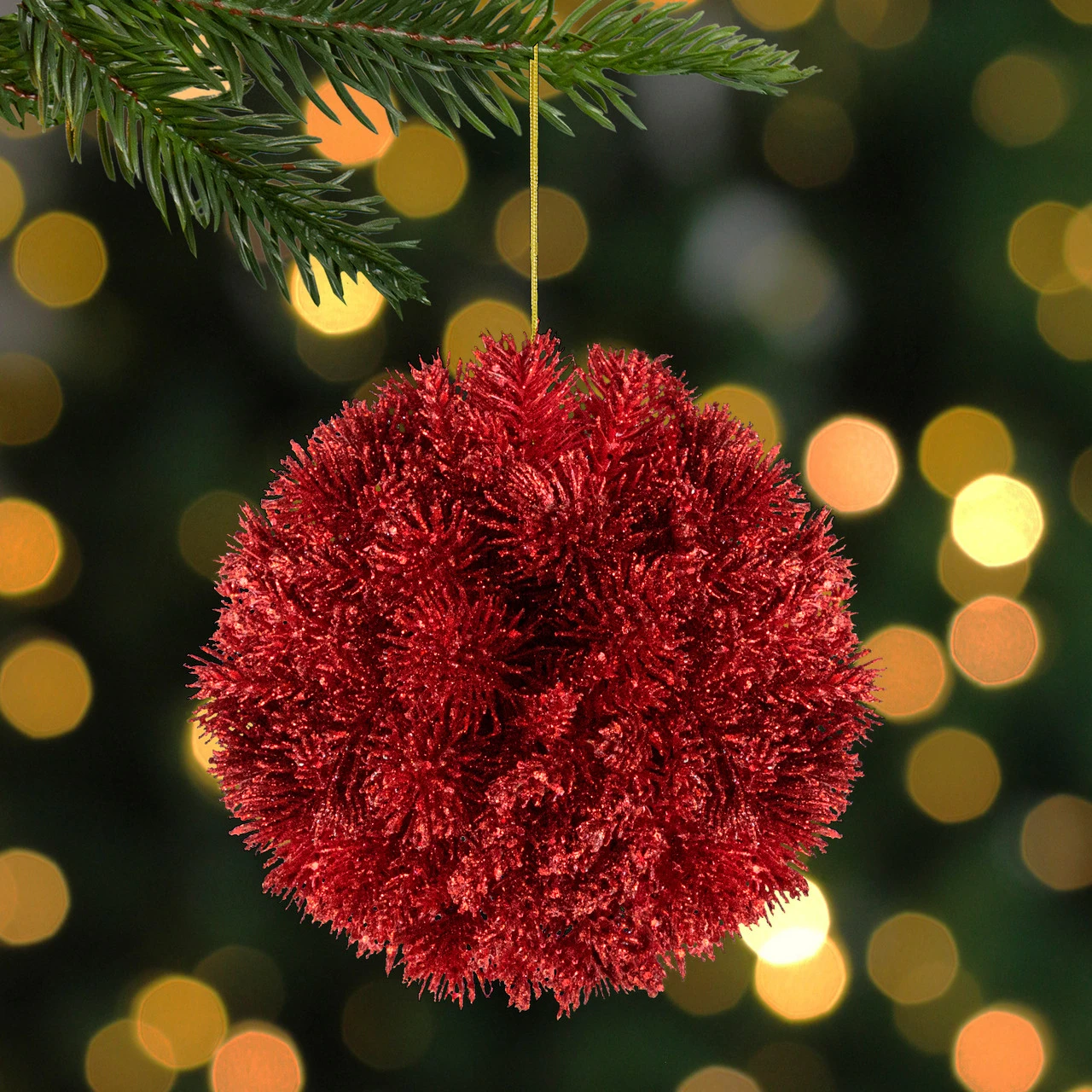 6" Red Glittered Pine Christmas Ball Ornament 4 6" Red Glittered Pine Christmas Ball Ornament - Image 2