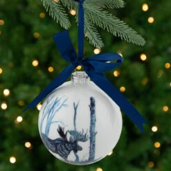 4" White And Blue Moose Glass Christmas Ball Ornament