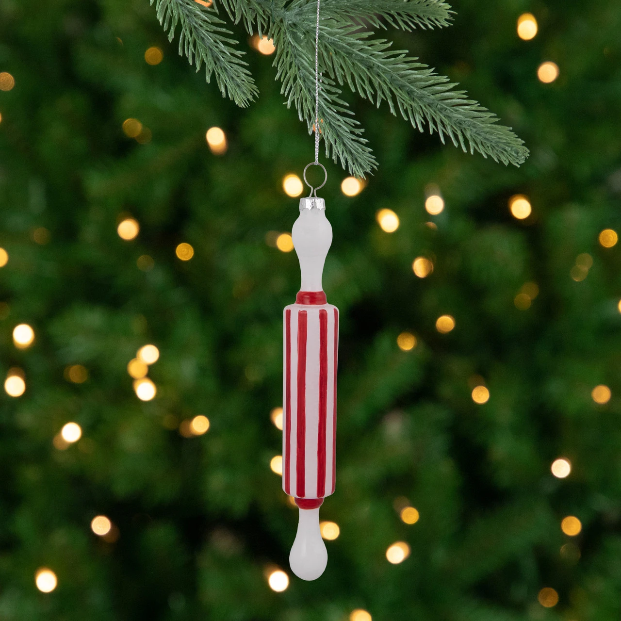 7.25" Red Striped Rolling Pin Glass Christmas Ornament 3 7.25" Red Striped Rolling Pin Glass Christmas Ornament