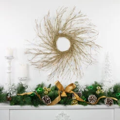 28" Pre-lit Gold Glittered Artificial Twig Christmas Wreath, Warm White LED Lights 8 28" Pre-lit Gold Glittered Artificial Twig Christmas Wreath, Warm White LED Lights -Christmas Decoration Store northlight h36275 styled 43497.1681147204