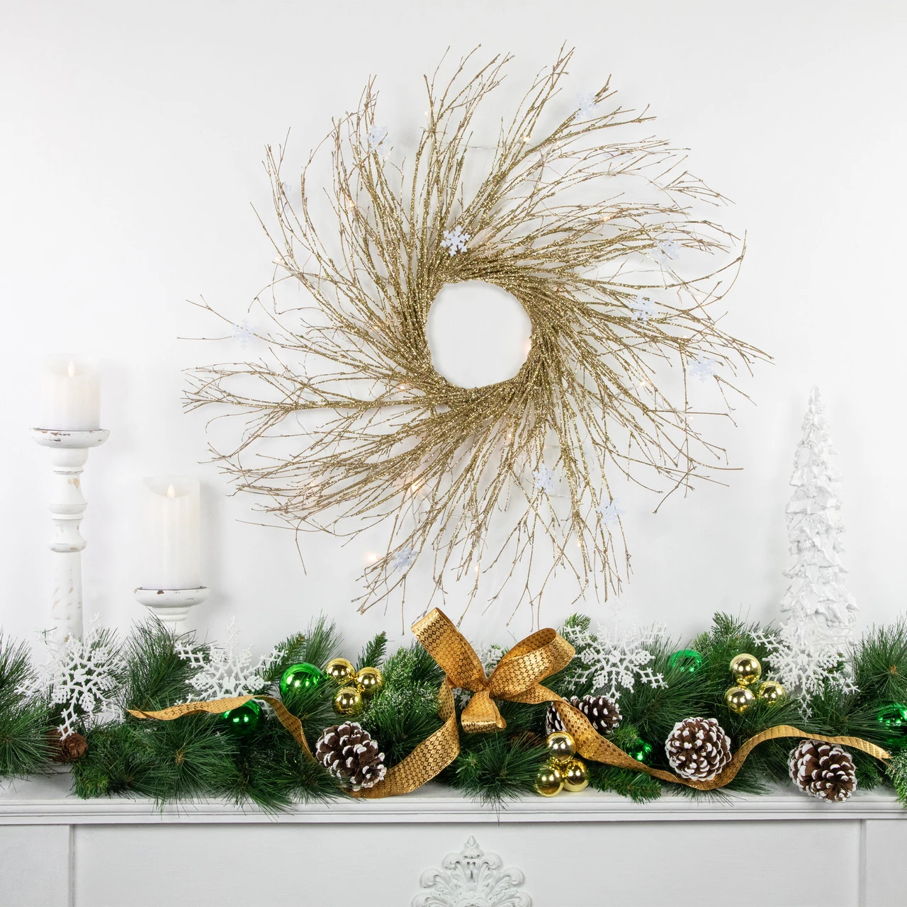 28" Pre-lit Gold Glittered Artificial Twig Christmas Wreath, Warm White LED Lights 4 28" Pre-lit Gold Glittered Artificial Twig Christmas Wreath, Warm White LED Lights - Image 2