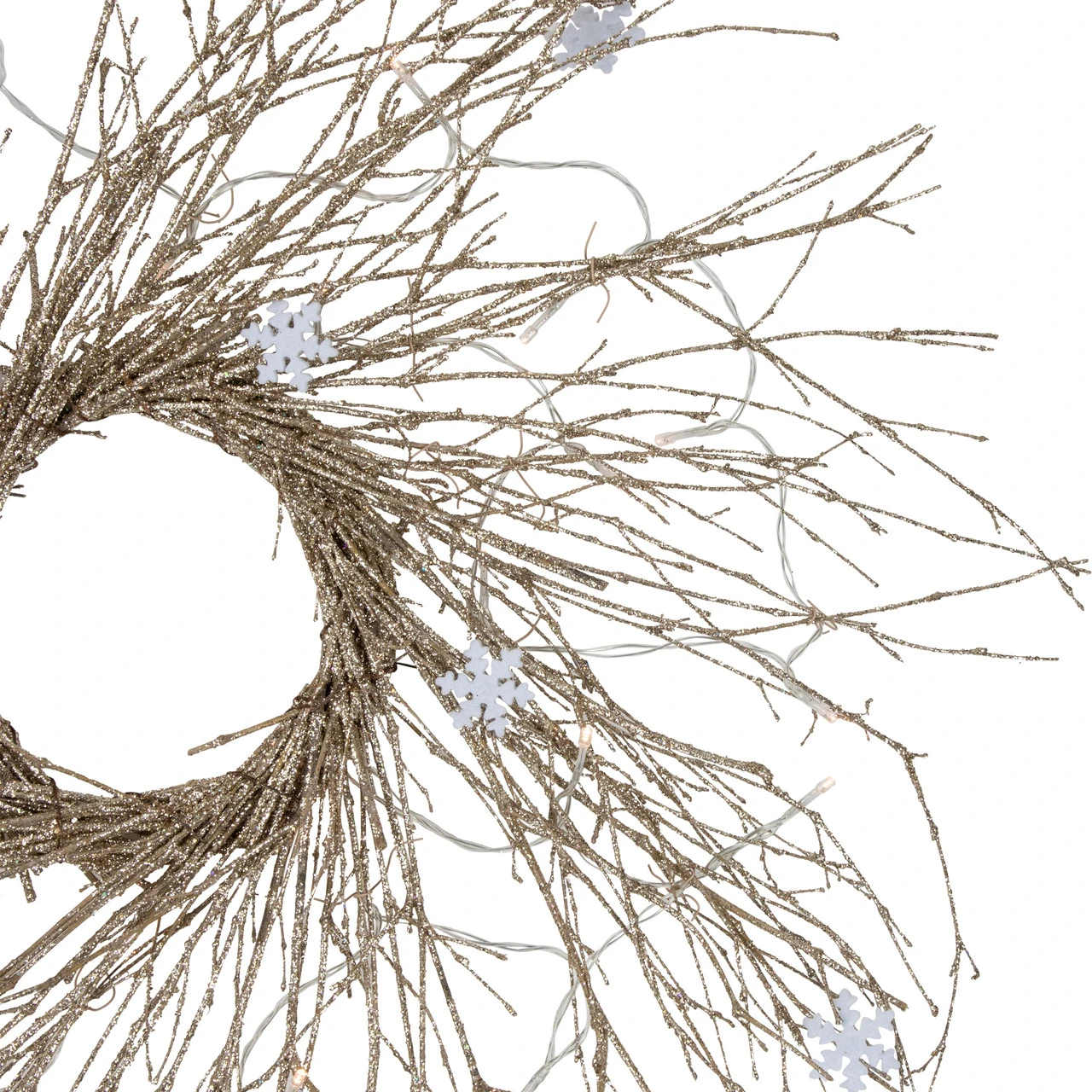 28" Pre-lit Champagne Glittered Artificial Twig Christmas Wreath, Warm White LED Lights 6 28" Pre-lit Champagne Glittered Artificial Twig Christmas Wreath, Warm White LED Lights - Image 4