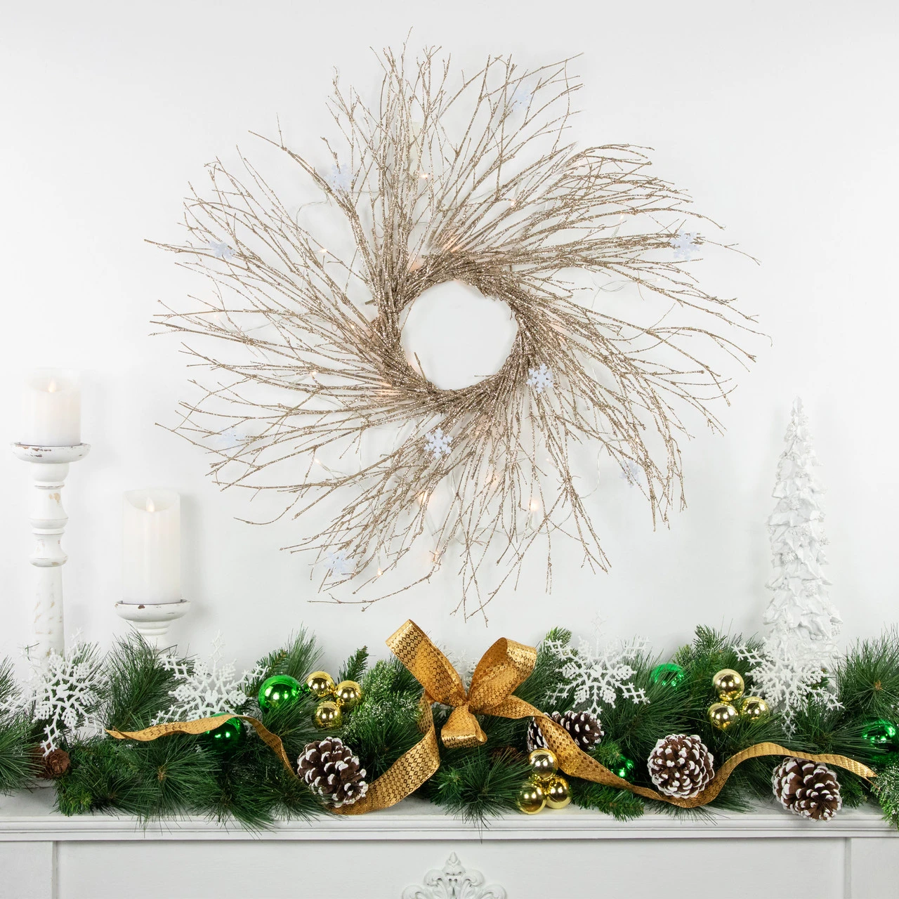 28" Pre-lit Champagne Glittered Artificial Twig Christmas Wreath, Warm White LED Lights 4 28" Pre-lit Champagne Glittered Artificial Twig Christmas Wreath, Warm White LED Lights - Image 2