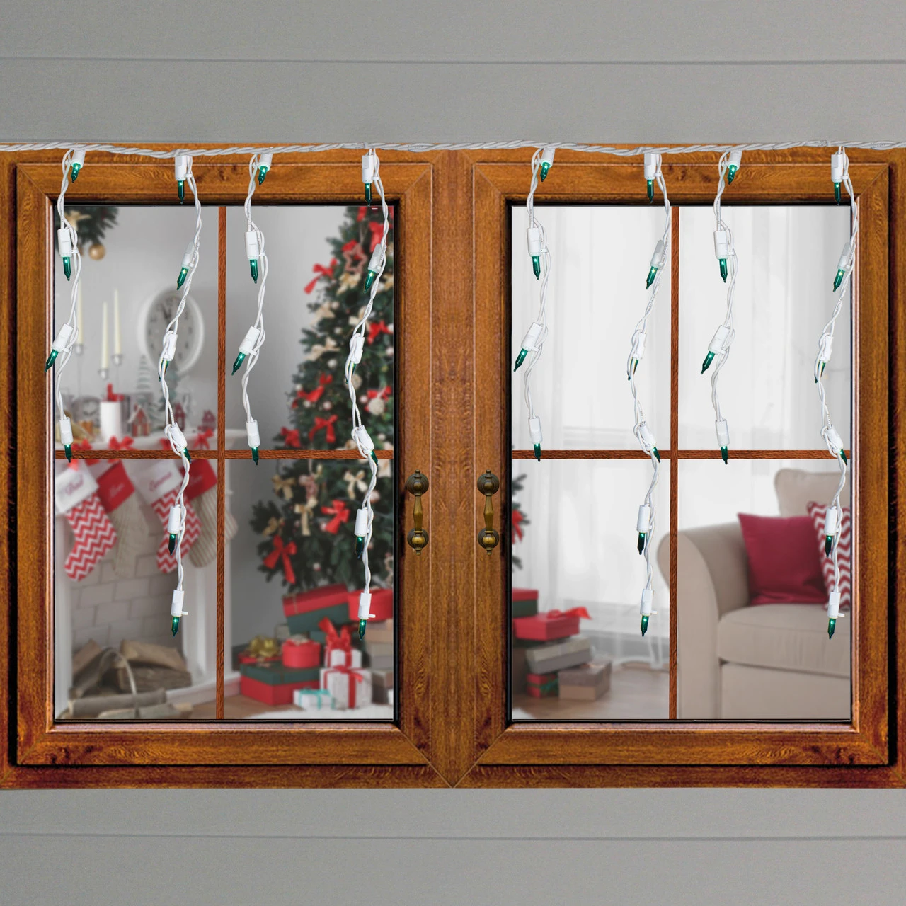 Set Of 100 Green Everglow Icicle Christmas Lights, 6.6' White Wire 4 Set Of 100 Green Everglow Icicle Christmas Lights, 6.6' White Wire - Image 2