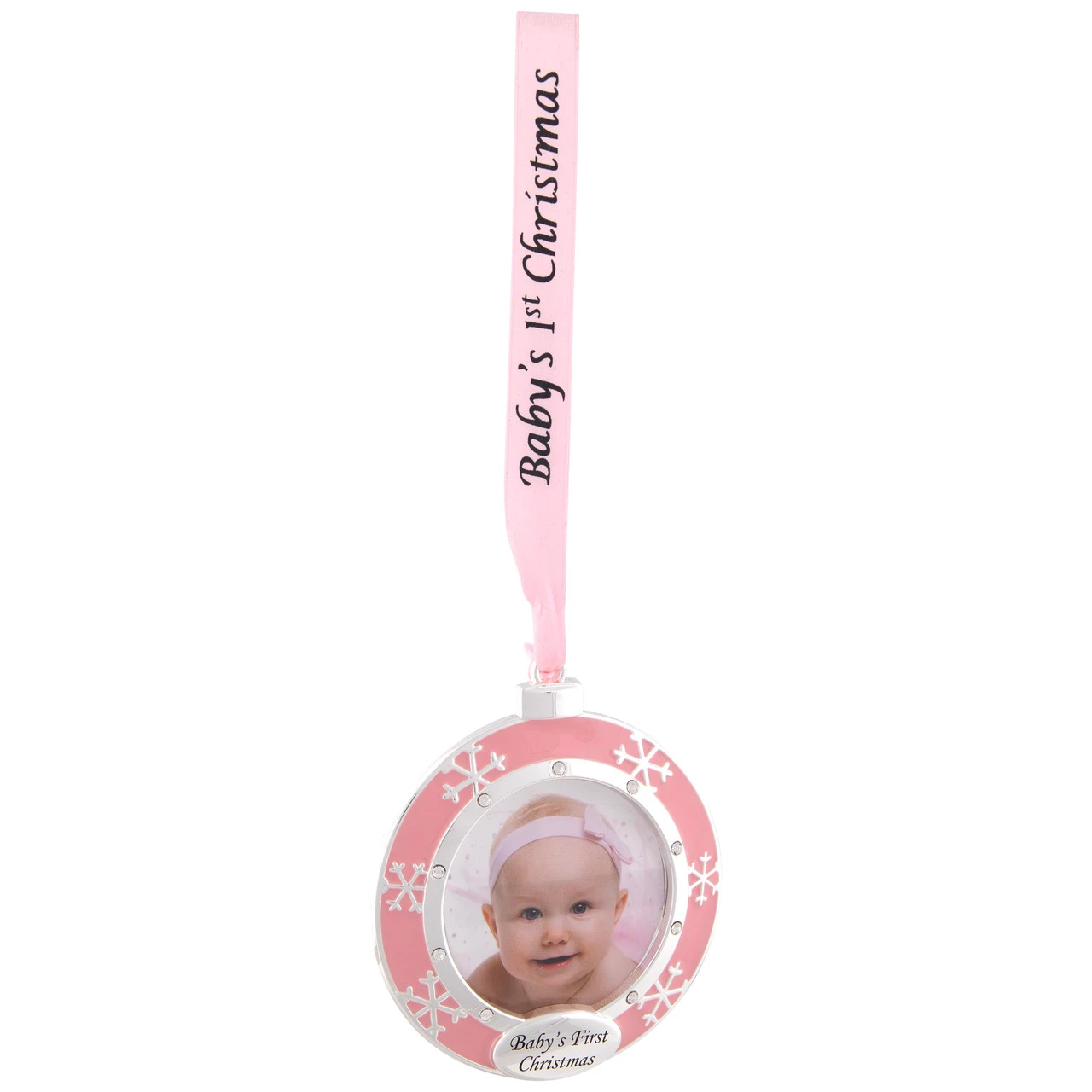 3" Pink Silver-Plated Baby's First Christmas Photo Ornament With European Crystals 6 3" Pink Silver-Plated Baby's First Christmas Photo Ornament With European Crystals - Image 4