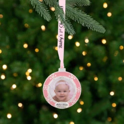 3" Pink Silver-Plated Baby's First Christmas Photo Ornament With European Crystals
