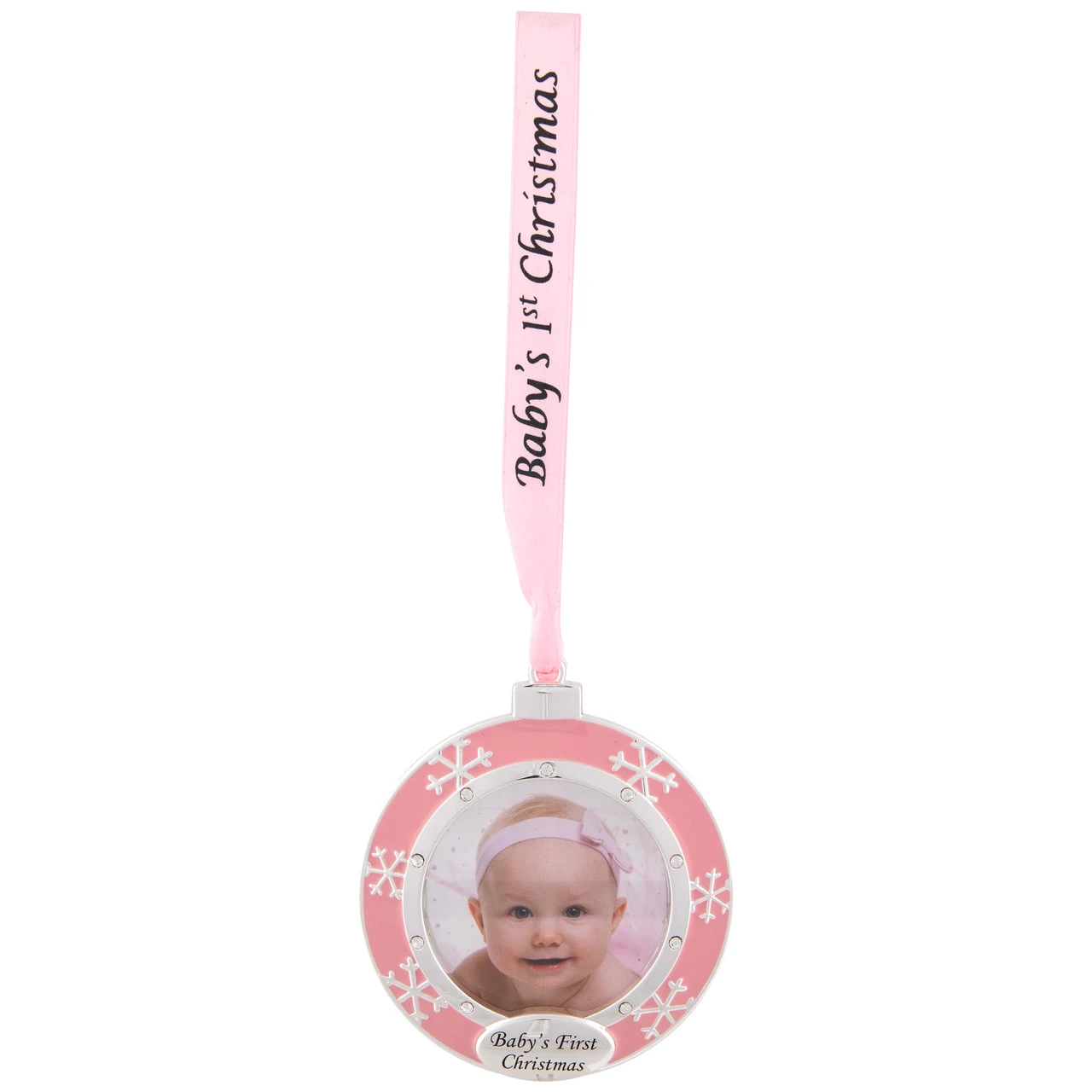 3" Pink Silver-Plated Baby's First Christmas Photo Ornament With European Crystals 4 3" Pink Silver-Plated Baby's First Christmas Photo Ornament With European Crystals - Image 2