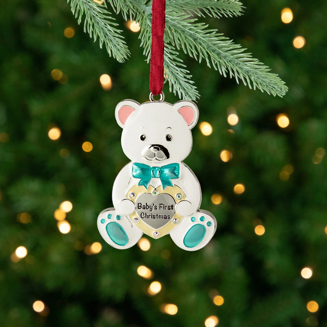 3" Pastel Silver Plated Bear Baby's First Christmas Ornament With European Crystals 4 3" Pastel Silver Plated Bear Baby's First Christmas Ornament With European Crystals - Image 2