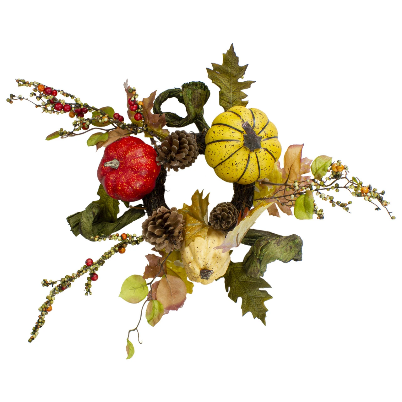 Pumpkin, Berries, Foliage And Pine Cone Fall Harvest Wreath - 13 Inch, Unlit 3 Pumpkin, Berries, Foliage And Pine Cone Fall Harvest Wreath - 13 Inch, Unlit