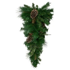 28" Artificial Mixed Pine With Pine Cones And Gold Glitter Christmas Teardrop Swag - Unlit