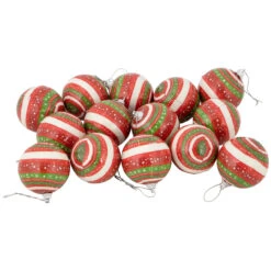 14-Piece Red, Green And White Striped Decoupage Christmas Ball Ornament Set, 2.25" (60mm)