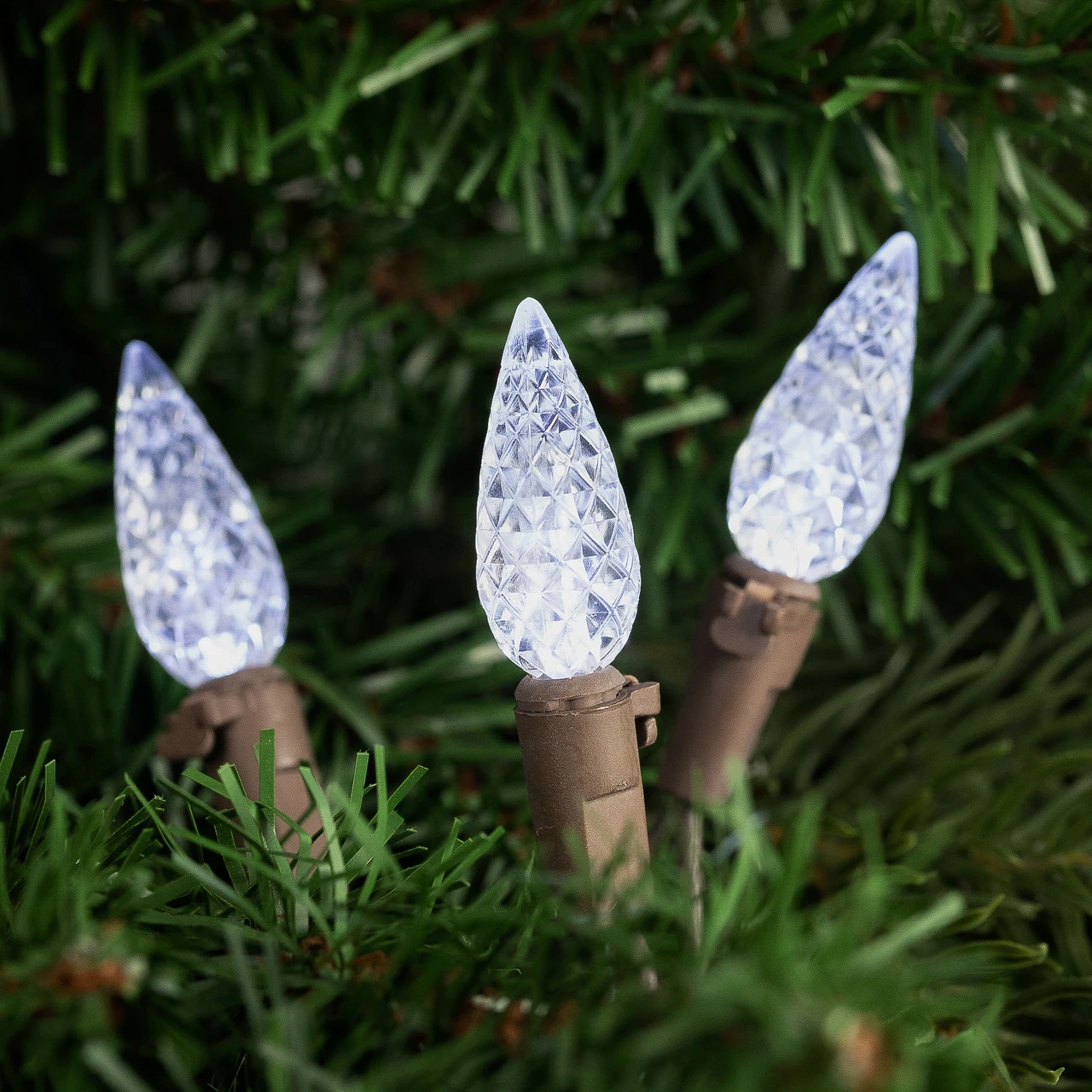 70-Count Pure White LED Faceted C6 Christmas String Lights, 23ft Brown Wire 5 70-Count Pure White LED Faceted C6 Christmas String Lights, 23ft Brown Wire - Image 3