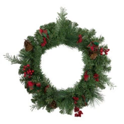 Pine Cones And Berries Artificial Christmas Wreath With Ribbon, 24-Inch, Unlit