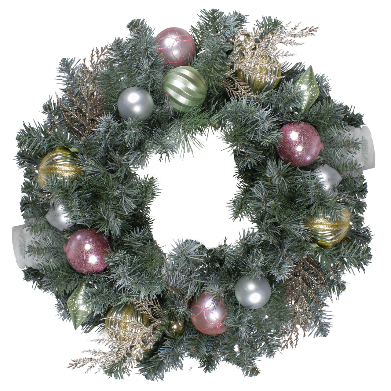 24" Unlit Pre-Decorated Pink And Gold Ornaments Frosted Artificial Christmas Wreath 3 24" Unlit Pre-Decorated Pink And Gold Ornaments Frosted Artificial Christmas Wreath
