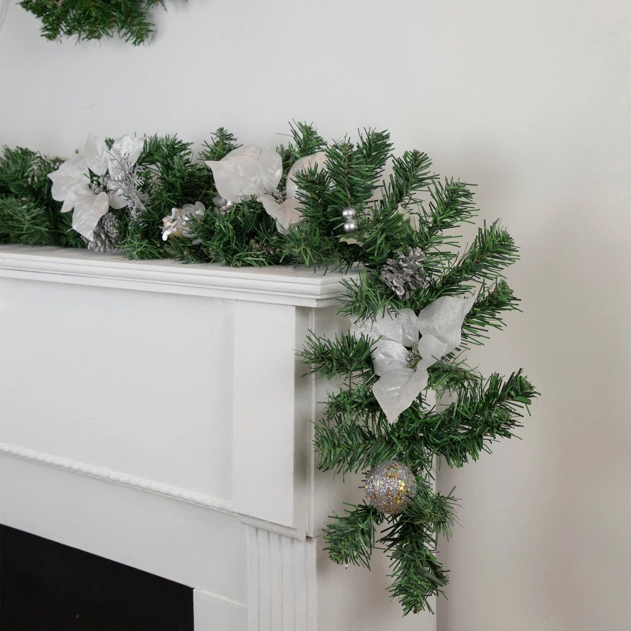 6' X 9" Silver Poinsettia And Pinecone Artificial Christmas Garland, Unlit 4 6' X 9" Silver Poinsettia And Pinecone Artificial Christmas Garland, Unlit - Image 2