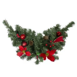 24" Pre-Decorated Red Poinsettia, Pine Cone And Ball Artificial Christmas Swag, Unlit
