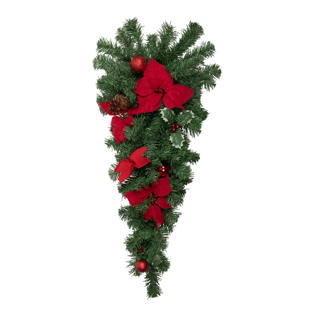 32" Red Poinsettia Pine Cone And Ball Artificial Christmas Teardrop Swag, Unlit 3 32" Red Poinsettia Pine Cone And Ball Artificial Christmas Teardrop Swag, Unlit