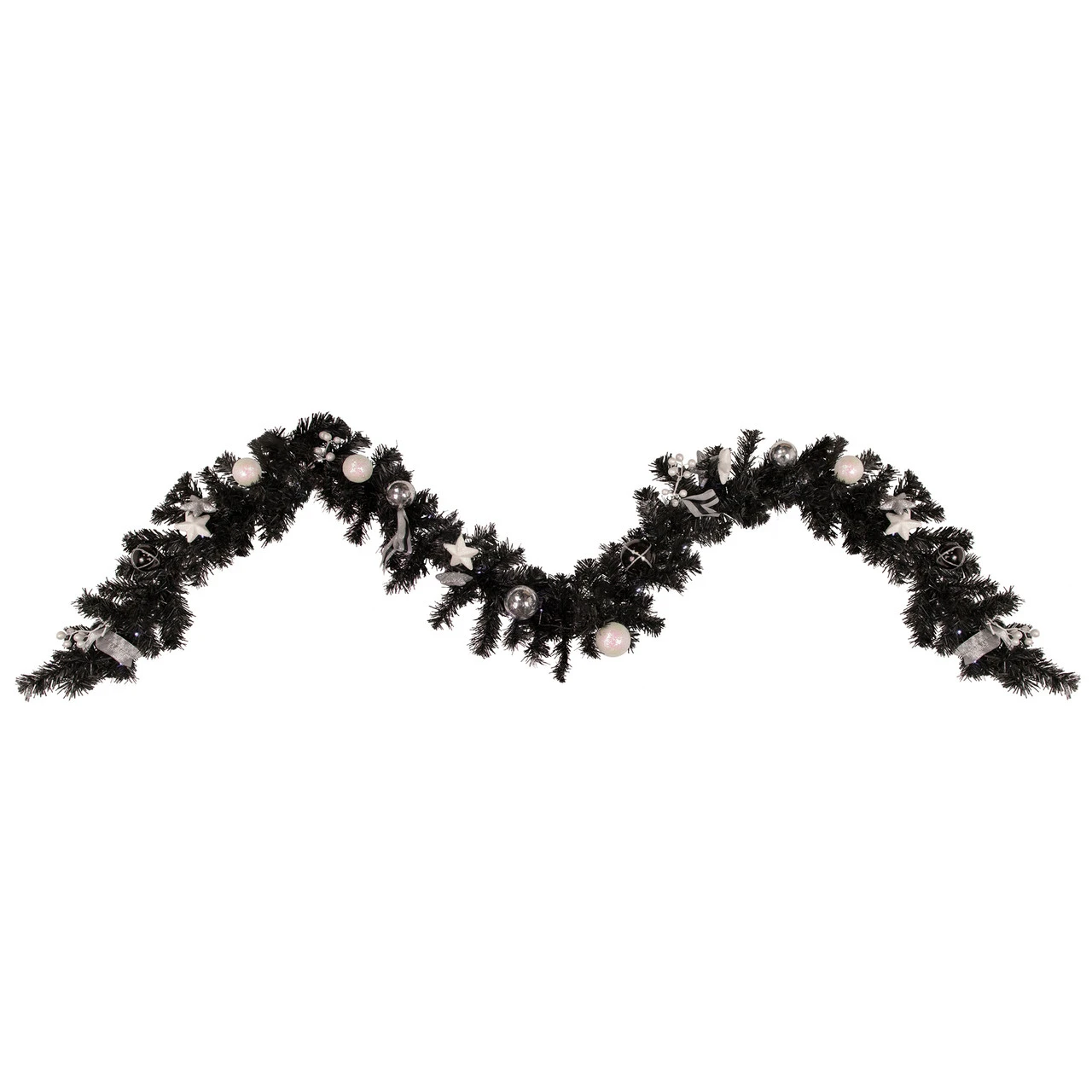 9' X 6" Pre-Lit Decorated Black Pine Artificial Christmas Garland, Cool White LED Lights 3 9' X 6" Pre-Lit Decorated Black Pine Artificial Christmas Garland, Cool White LED Lights