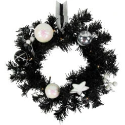 16" Pre-Lit Decorated Black Pine Artificial Christmas Wreath, Cool White LED Lights