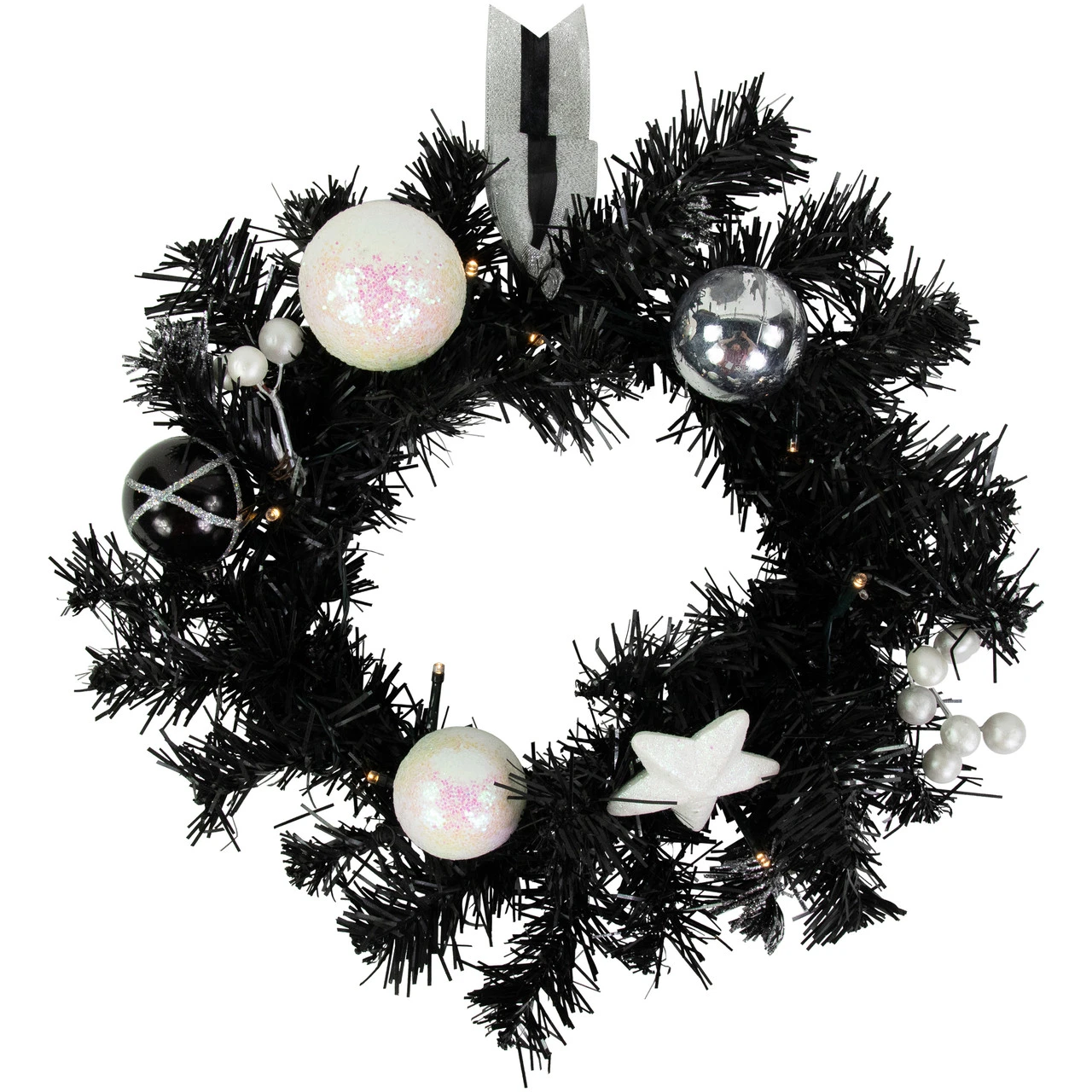 16" Pre-Lit Decorated Black Pine Artificial Christmas Wreath, Cool White LED Lights 3 16" Pre-Lit Decorated Black Pine Artificial Christmas Wreath, Cool White LED Lights
