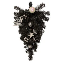 20" Pre-lit Decorated Black Pine Artificial Teardrop Christmas Swag, Warm White LED Lights