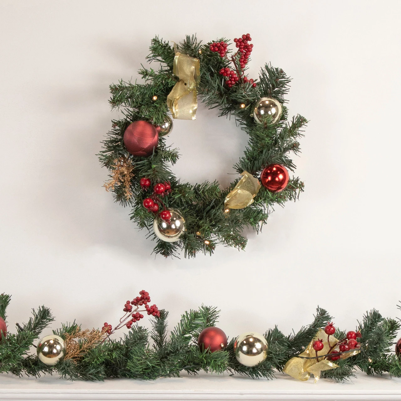 Pre-Lit Decorated Burgundy And Gold Pine Artificial Christmas Wreath, 16-Inch, Warm White LED 4 Pre-Lit Decorated Burgundy And Gold Pine Artificial Christmas Wreath, 16-Inch, Warm White LED - Image 2