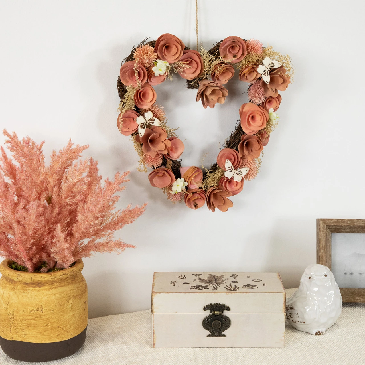 10" Pink Wooden Rose Heart Spring Wreath With Butterflies 4 10" Pink Wooden Rose Heart Spring Wreath With Butterflies - Image 2
