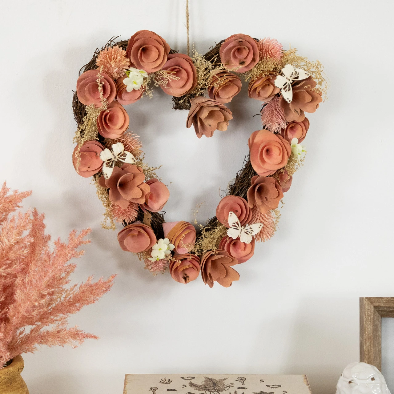 10" Pink Wooden Rose Heart Spring Wreath With Butterflies 5 10" Pink Wooden Rose Heart Spring Wreath With Butterflies - Image 3