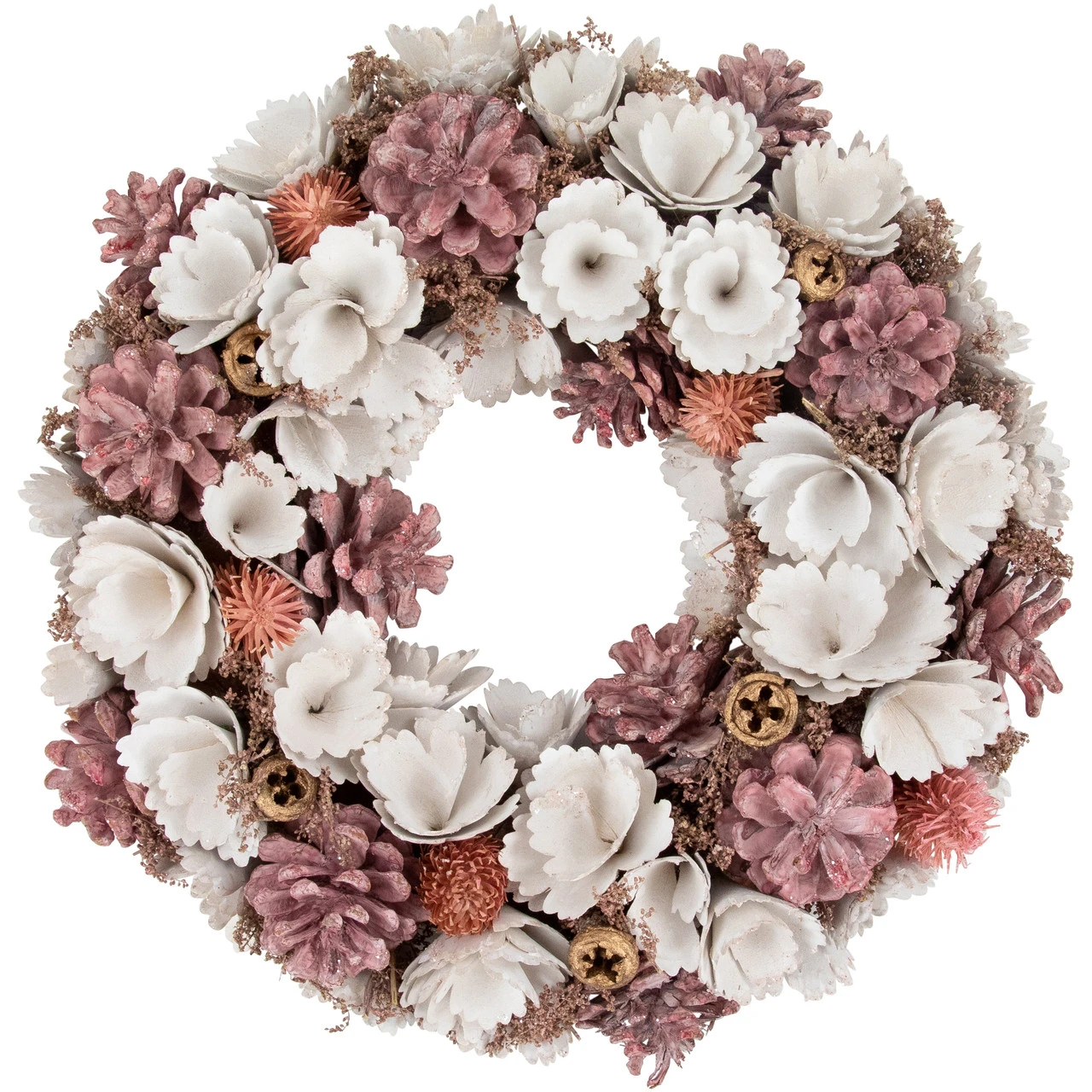 13" White And Pink Wooden Floral Christmas Wreath With Pinecones 3 13" White And Pink Wooden Floral Christmas Wreath With Pinecones