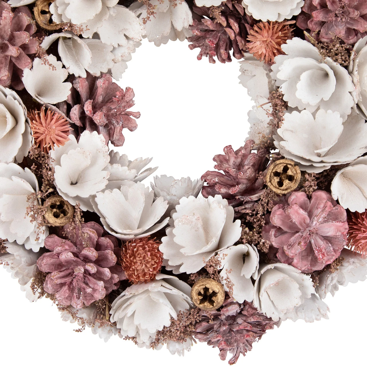 13" White And Pink Wooden Floral Christmas Wreath With Pinecones 6 13" White And Pink Wooden Floral Christmas Wreath With Pinecones - Image 4