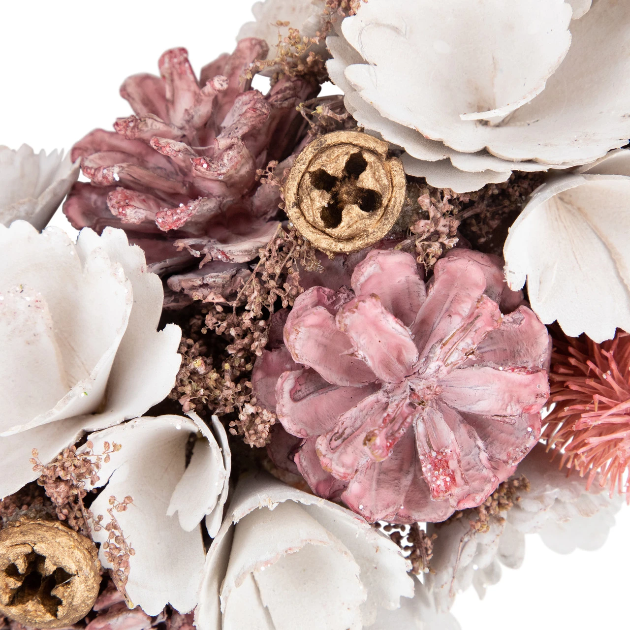 13" White And Pink Wooden Floral Christmas Wreath With Pinecones 8 13" White And Pink Wooden Floral Christmas Wreath With Pinecones - Image 6