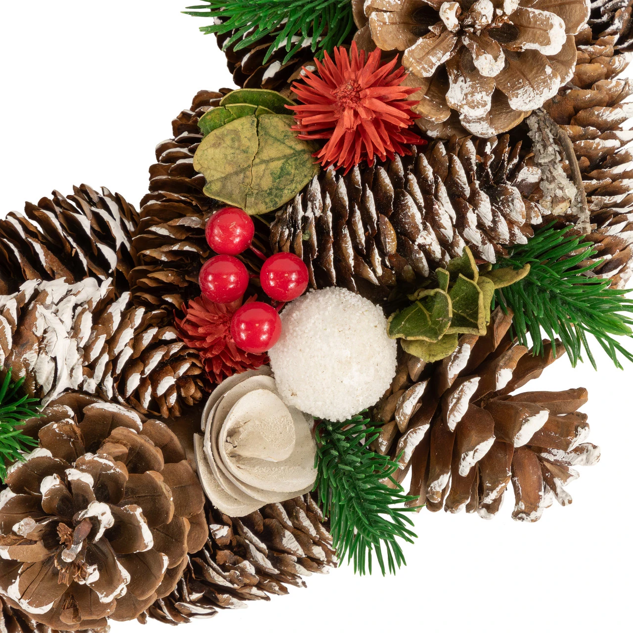 White Wooden Rose And Pine Cone With Berries Artificial Christmas Wreath,13.5-Inch, Unlit 5 White Wooden Rose And Pine Cone With Berries Artificial Christmas Wreath,13.5-Inch, Unlit - Image 3