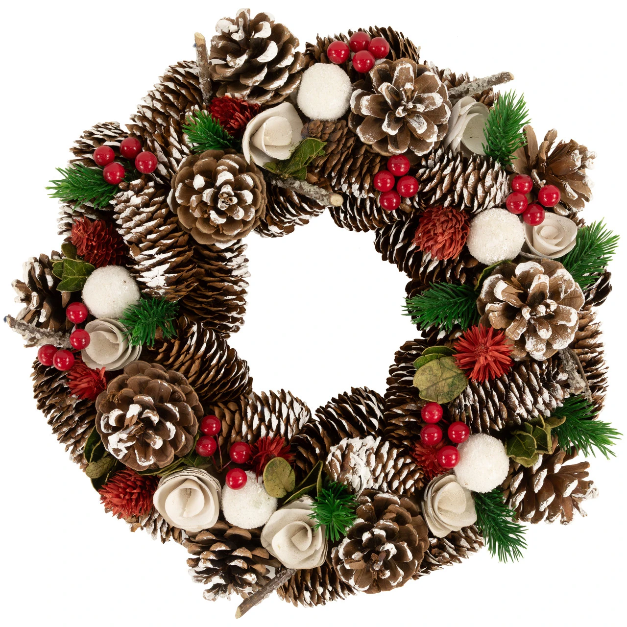White Wooden Rose And Pine Cone With Berries Artificial Christmas Wreath,13.5-Inch, Unlit 3 White Wooden Rose And Pine Cone With Berries Artificial Christmas Wreath,13.5-Inch, Unlit