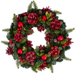 13" Red And Green Pine Cones And Ornaments Christmas Wreath