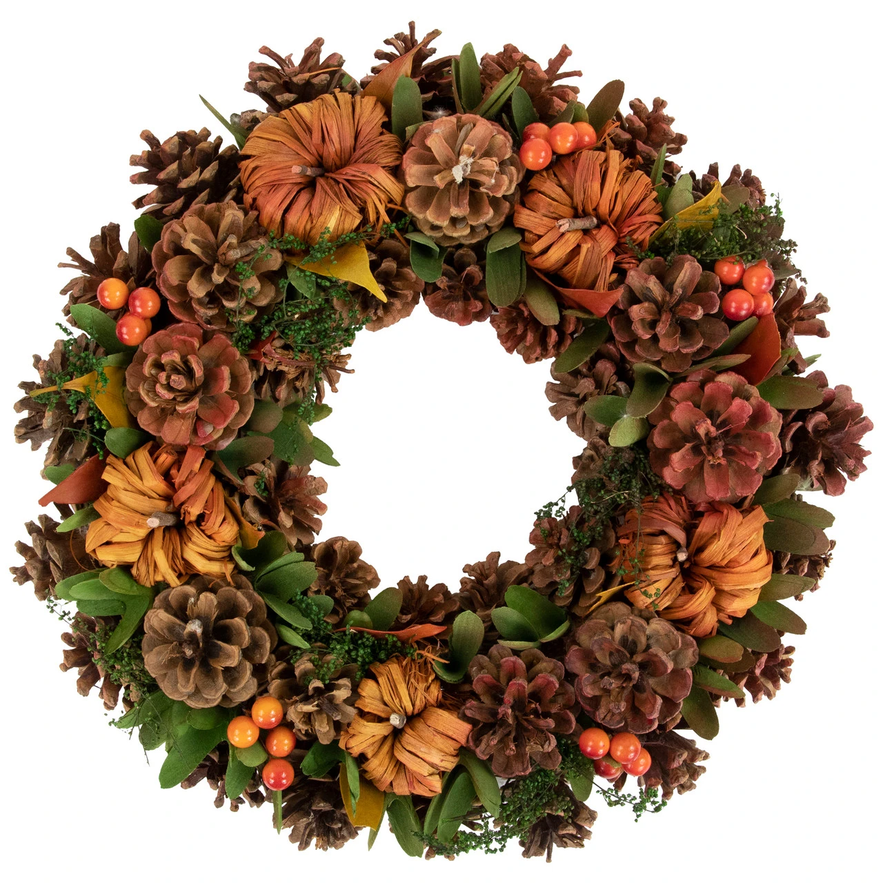 Orange And Green Fall Wreath With Pumpkins And Pinecones - 13.75 Inch, Unlit 3 Orange And Green Fall Wreath With Pumpkins And Pinecones - 13.75 Inch, Unlit