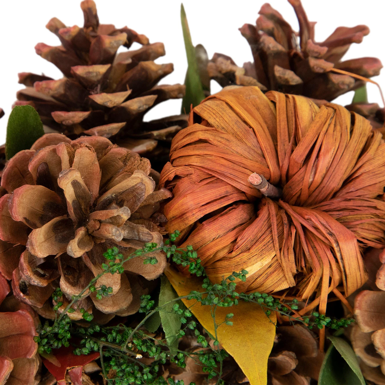 Orange And Green Fall Wreath With Pumpkins And Pinecones - 13.75 Inch, Unlit 4 Orange And Green Fall Wreath With Pumpkins And Pinecones - 13.75 Inch, Unlit - Image 2