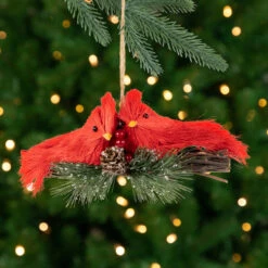 8" Double Cardinal And Pine Needle Branch Hanging Christmas Ornament