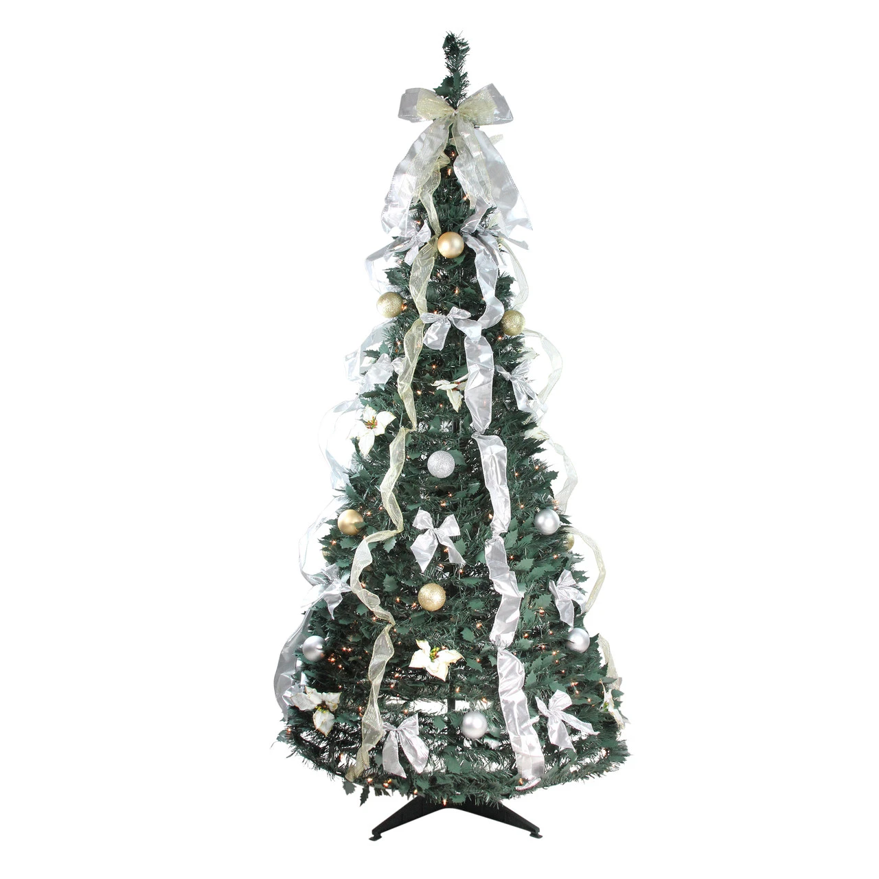 6' Pre-Lit Silver And Gold Pre-Decorated Pop-Up Artificial Christmas Tree, Clear Lights 3 6' Pre-Lit Silver And Gold Pre-Decorated Pop-Up Artificial Christmas Tree, Clear Lights
