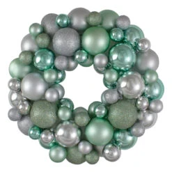 Silver And Seafoam Green 3-Finish Shatterproof Ball Christmas Wreath, 13-Inch