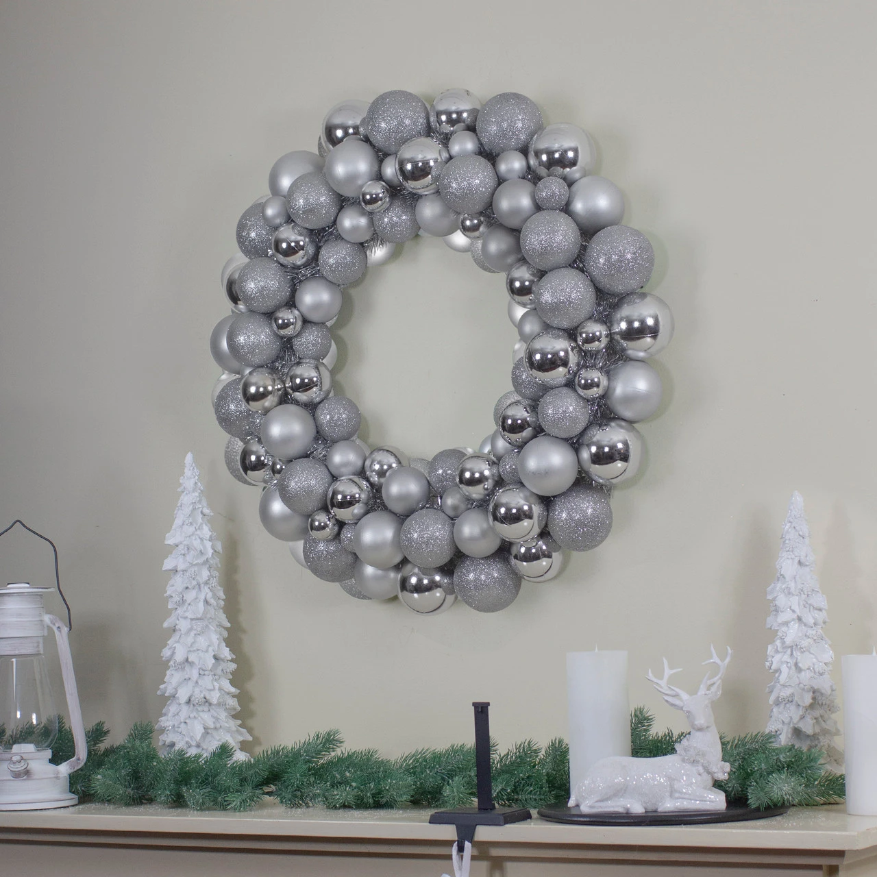 Silver Splendor 3-Finish Shatterproof Ball Christmas Wreath24" - Unlit 4 Silver Splendor 3-Finish Shatterproof Ball Christmas Wreath24" - Unlit - Image 2