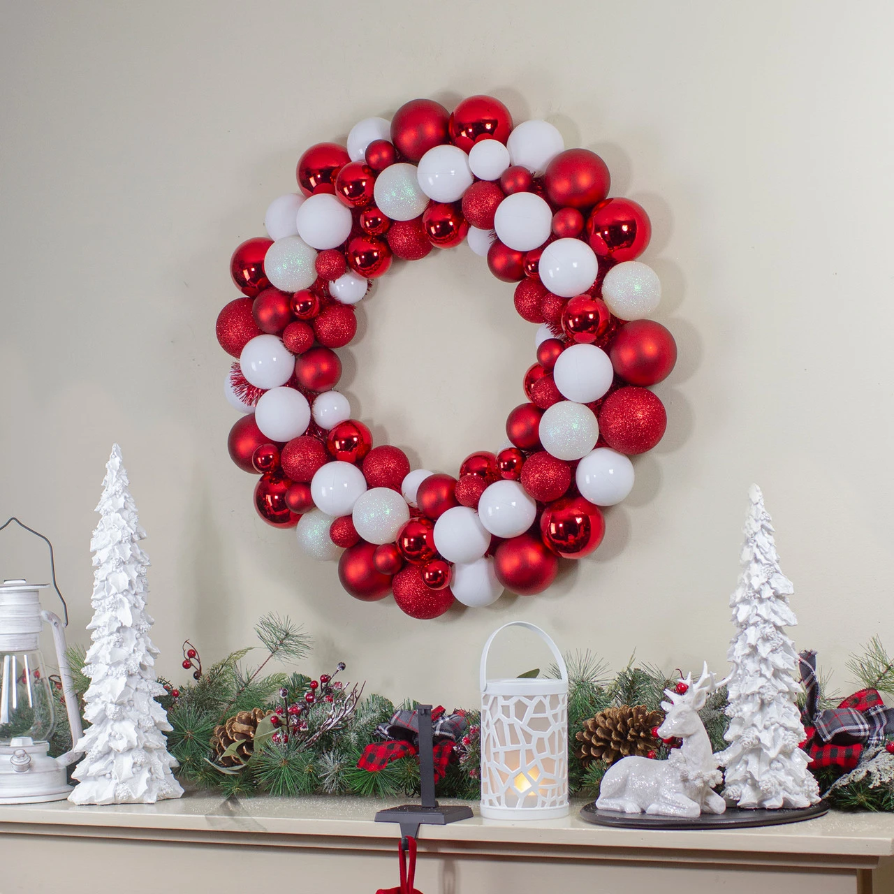 White And Red 3-Finish Shatterproof Ball Christmas Wreath - 24-Inch, Unlit 4 White And Red 3-Finish Shatterproof Ball Christmas Wreath - 24-Inch, Unlit - Image 2