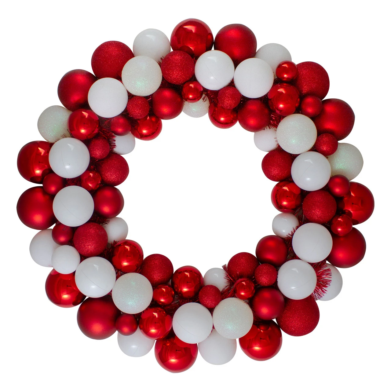 White And Red 3-Finish Shatterproof Ball Christmas Wreath - 24-Inch, Unlit 3 White And Red 3-Finish Shatterproof Ball Christmas Wreath - 24-Inch, Unlit