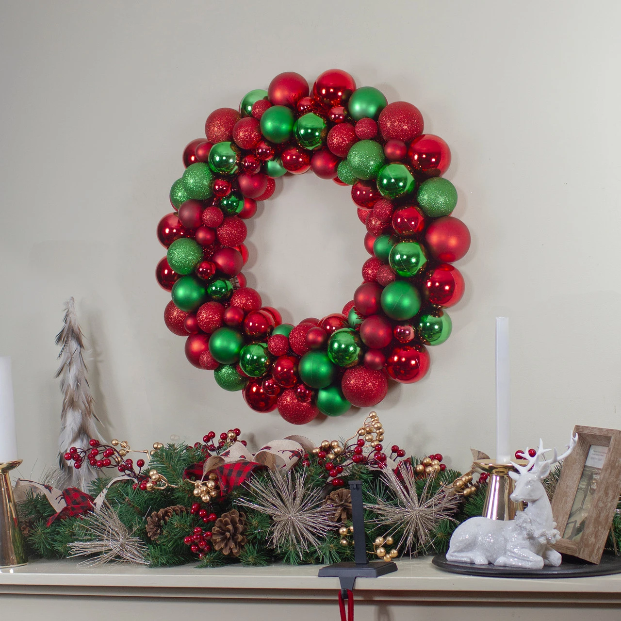 Red And Green 3-Finish Shatterproof Ball Christmas Wreath - 24-Inch, Unlit 4 Red And Green 3-Finish Shatterproof Ball Christmas Wreath - 24-Inch, Unlit - Image 2
