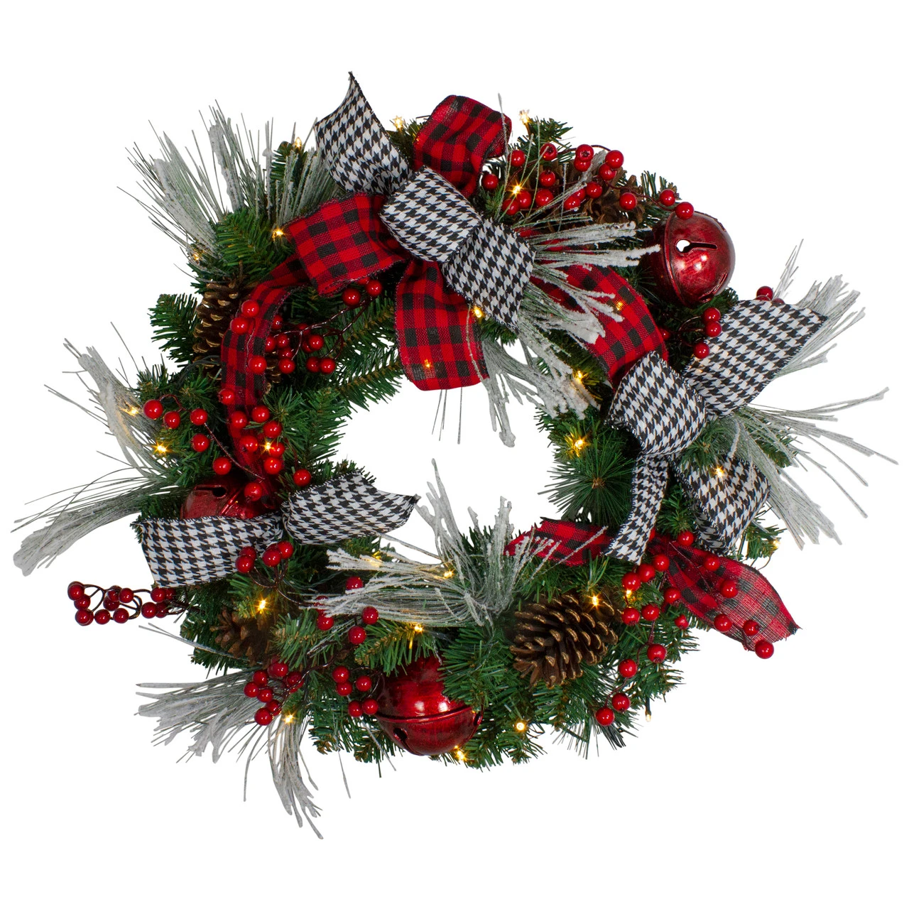 Pre-Lit Decorated Plaid And Houndstooth Artificial Christmas Wreath - 24-Inch, Warm White Lights 4 Pre-Lit Decorated Plaid And Houndstooth Artificial Christmas Wreath - 24-Inch, Warm White Lights - Image 2